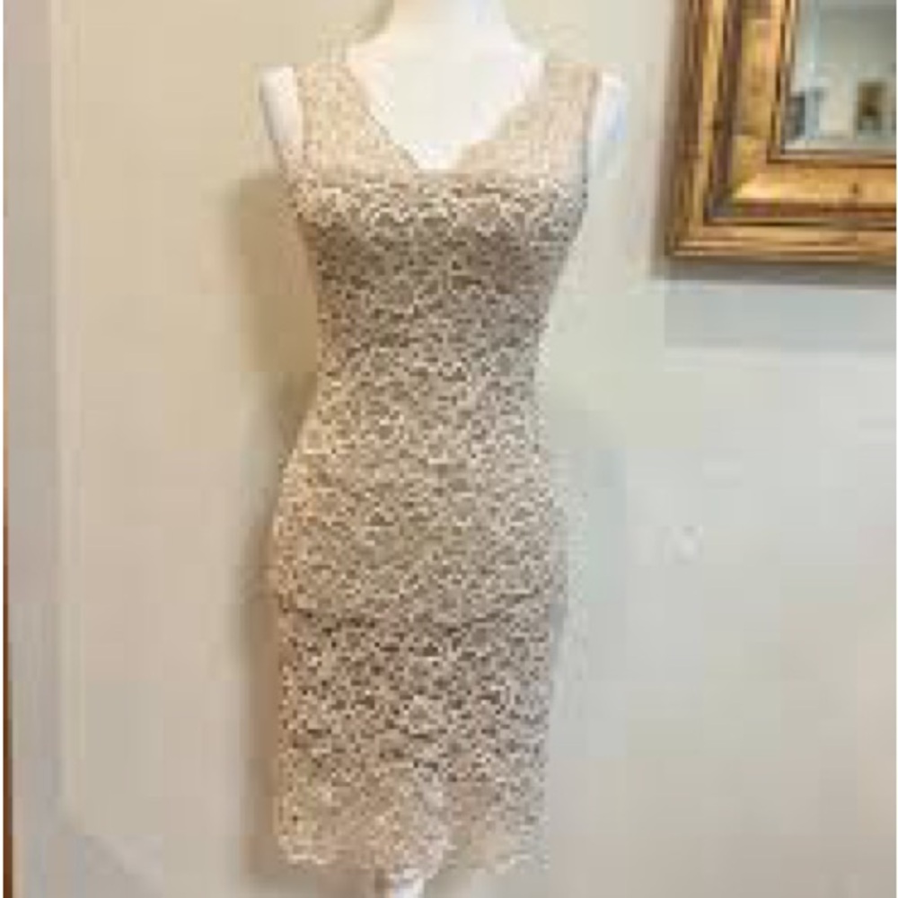 White House Black Market Beige Lace V-Neck Mini Dress